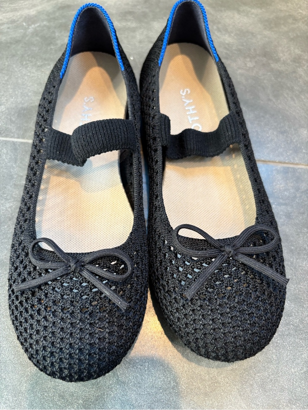 Rothy's Girls Black Knit Mary Jane Flats with Blue Trim